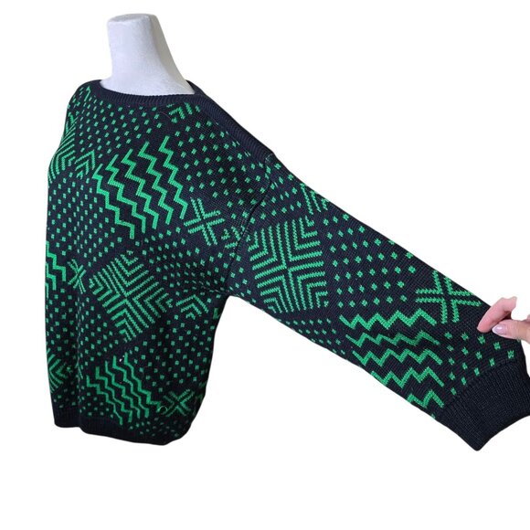 Esprit Sport Vintage 80s Zigzag Oversized Sweater Womens Size L Black Green - Picture 3 of 7